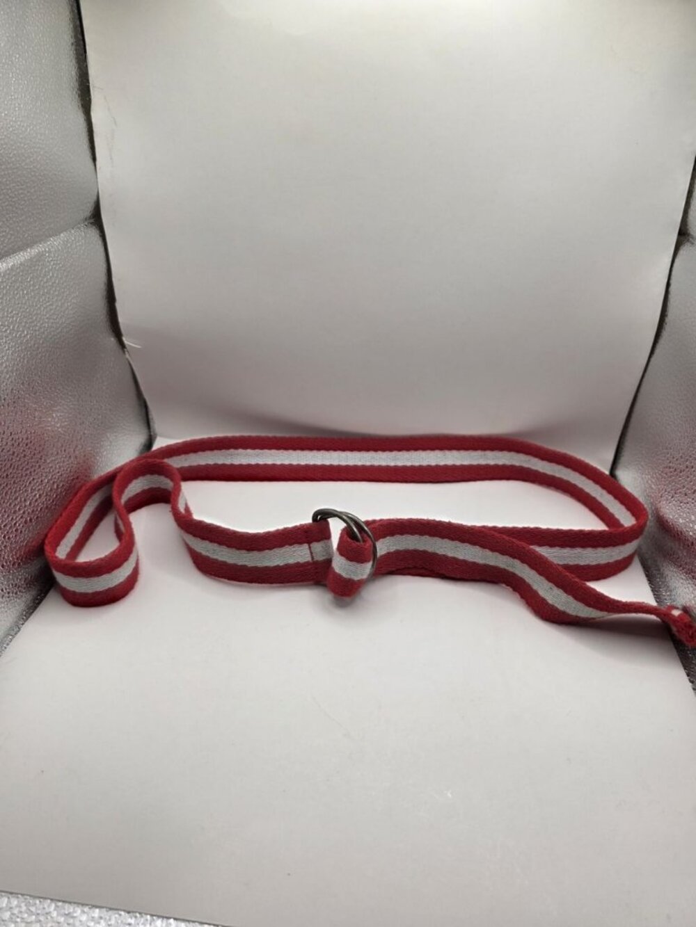 Men's Red & White Striped Canvas Web Belt D-Ring Buckle Adjustable Casual